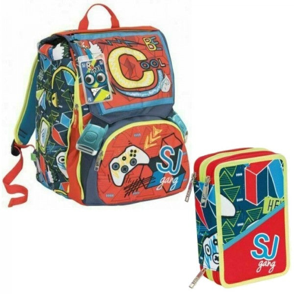 Zaino coordinato Seven Schoolpack Sj Gang Boy Rosso Con Astuccio Completo