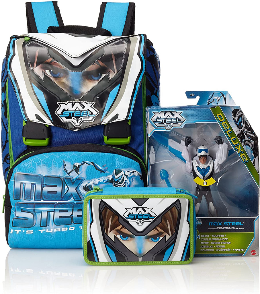 Coordinato Zaino estendibile Seven Max Steel+astuccio completo+personaggio in omaggio!