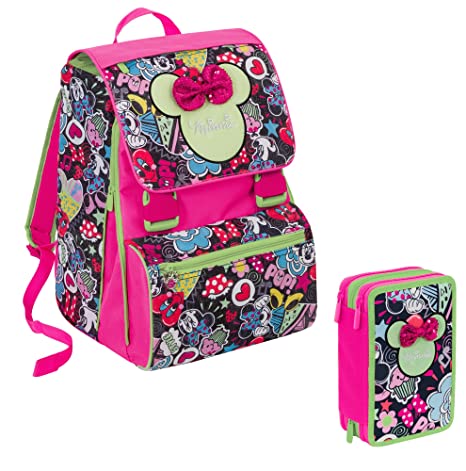 Coordinato Zaino scuola sdoppiabile Big Minnie estensibile Schoolpack + ASTUCCIO 3 zip SEVEN Minnie