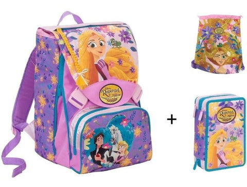 COORDINATO ZAINO SEVEN ESTENSIBILE DISNEY PRINCESS RAPUNZEL + ASTUCCIO 3 ZIP + SACCA