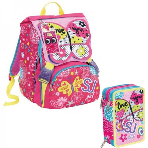 Coordinato Zaino Seven Schoolpack Sj Gang Girl Rosa Con Astuccio Completo